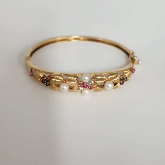 Antique 14k Yellow Gold Diamond,Pearls,Ruby &Sapphire Bangle Bracelets - Picture 3 of 16